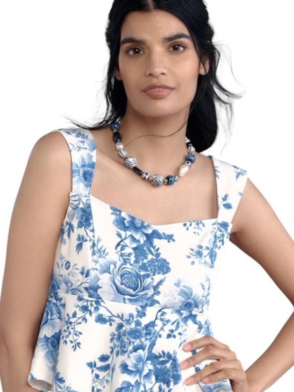 Maeve Blue and White Floral Square-Neck Women's Top